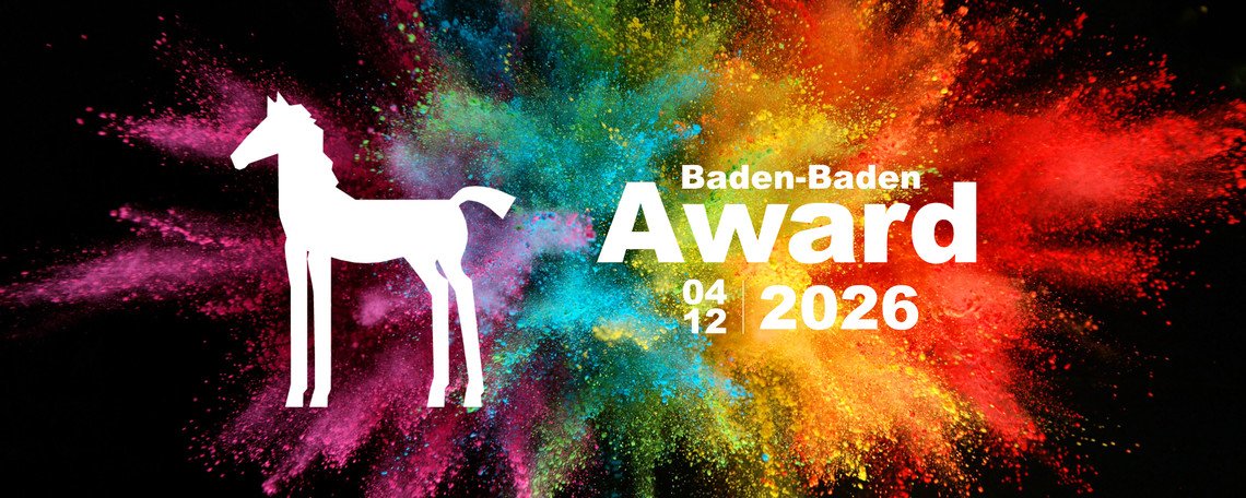 weisses Pferd und Baden-Baden Award 04.12.2026 auf buntem Hintergrund